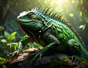Obraz premium A vibrant, detailed image of a large, green iguana basking in sunlight within a lush, green jungle environment. The reptile's skin is finely textured