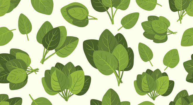 Fresh and healthy seamless pattern design featuring various clusters of vibrant green spinach leaves on a light beige background.