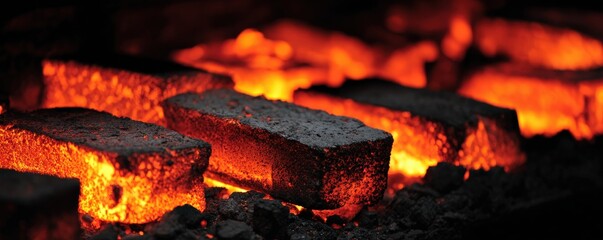 Glowing coal bricks emitting orange flames, highlighting the intense heat and energy of the burning material.