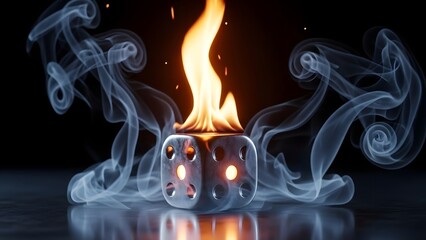 A dramatic closeup of a smoking and burning sixsided die with glowing pips against a dark background