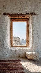 Traditional Adobe Interior with Wooden Window Frame and Textured Sunlit Walls