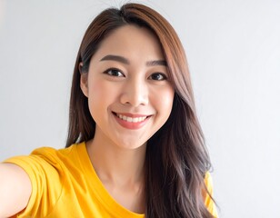 Cheerful Asian woman in yellow top smiles brightly at the camera against a light gray wall backdrop