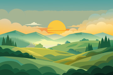 Expansive rolling hills and valleys with layered mountains at sunset landscape nature