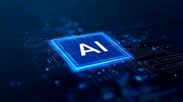 Dark blue digital circuit background with glowing square showing "AI", representing technology, artificial intelligence, high-speed networks, futuristic digital innovation, and computing
