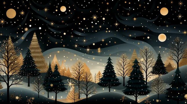 AI-generated animated illustration of a charming papercraft winter scene with a moon, stars and trees that morphs to another charming winter scene