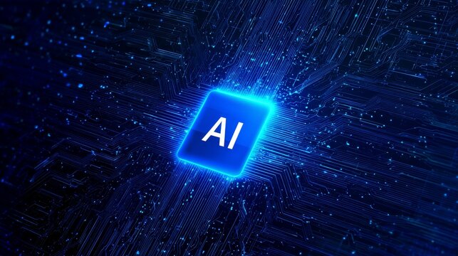 Dark blue digital circuit background with glowing square showing "AI", representing technology, artificial intelligence, high-speed networks, futuristic digital innovation, and computing