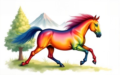 Obraz premium Watercolor Horse Happy New Year - A vibrant watercolor painting of a rainbow horse running with a tree and mountains in the background celebrating the New Year 2026. High quality