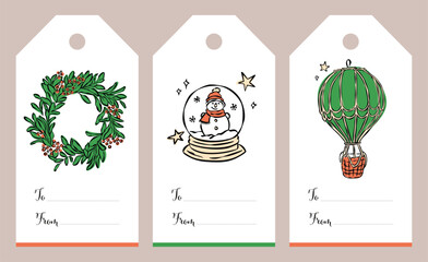 Gift tags with Christmas doodles. Holiday gift badges.