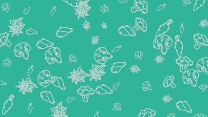 Seamless pattern of minimalist white outline illustrations of fresh vegetables and leaves on a vibrant teal background