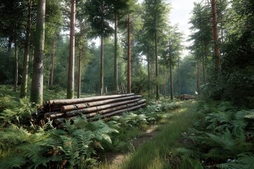 A serene forest scene with tall trees, ferns, and stacked logs along a winding path, showcasing tranquil nature.