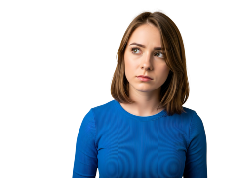 Thoughtful Young Woman Looking Aside on White Background