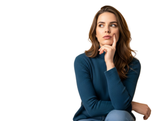 Thinking Woman Sitting with Hand on Face on White Background