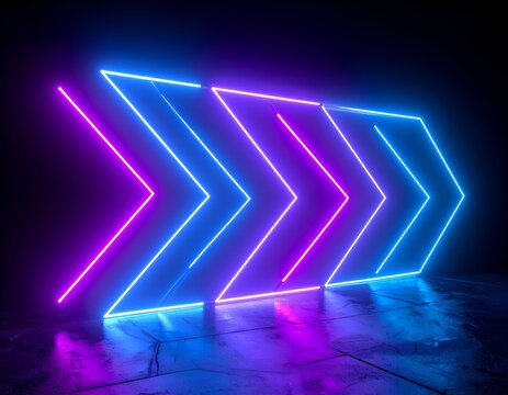 A neon arrow points right with a gradient of purple to blue on a dark, textured ground