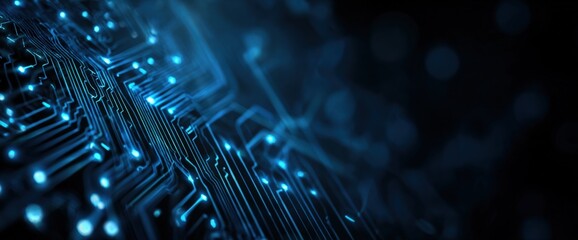 Close-up of glowing blue circuit board lines against a dark, bokeh background