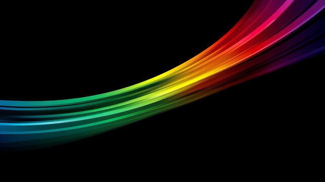 Colorful abstract curved lines with smooth rainbow gradient on a black background, featuring vibrant flow, soft transitions, and modern vector style that highlights motion and vivid color harmony
