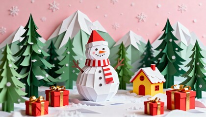 Paper Craft Winter Landscape with Snowman, Mountains, Pine Trees, and Christmas Gifts