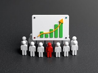 People watching green bar graph with upward arrow on board