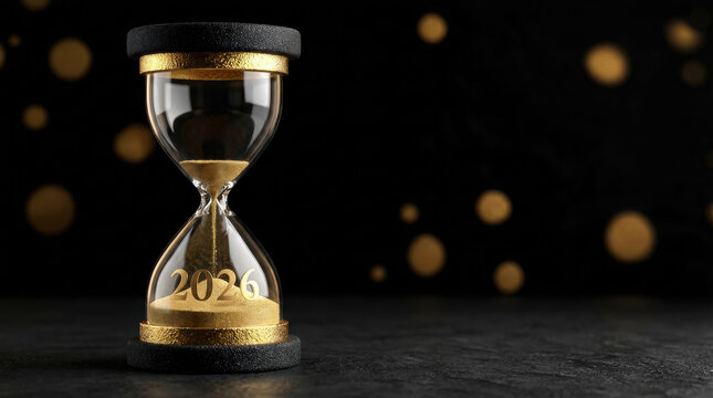 Luxury black and gold hourglass with 2026 text inside the glass. Elegant New Year countdown concept on a dark surface with bokeh lights. Digital illustration of time passing.
