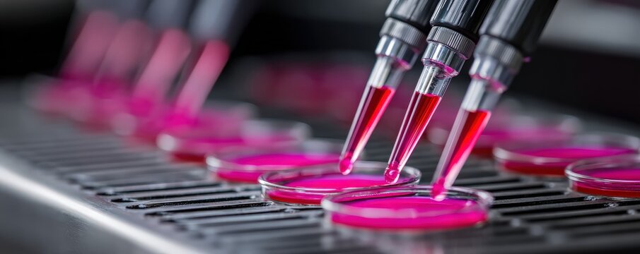 Laboratory pipettes dispense bright pink liquid into petri dishes, showcasing precision in scientific experimentation.