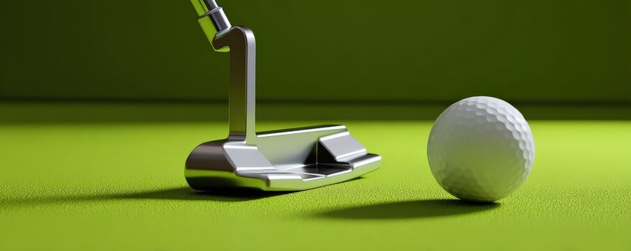 A close-up of a golf putter and a white golf ball positioned on a vibrant green putting surface. - Powered by Adobe