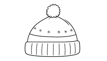 Fototapeta premium A black and white cartoon illustration featuring a winter hat with a fluffy pompom on top and a ribbed brim