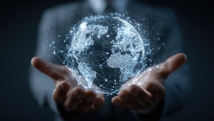 Hands holding a glowing digital globe, symbolizing global connection and technology