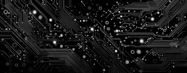 Abstract dark background with glowing silver circuit board traces and nodes