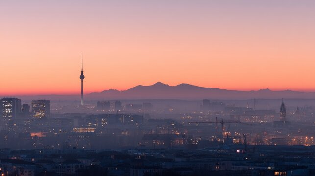 Panoramic view of Berlin city skyline with misty background buildings, hills, sunrise and sunset clouds, showcasing urban landscape, architecture, cityscape, travel, and scenic atmosphere