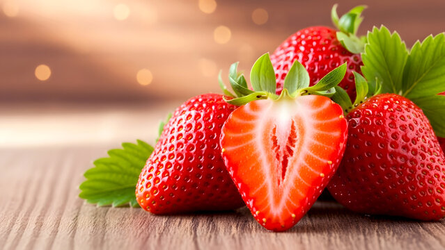 Fresh strawberries on wooden table with bokeh background