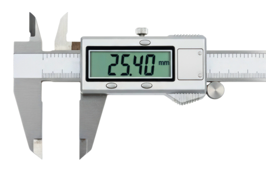 Precision silver digital caliper tool for measurement isolated on a transparent background