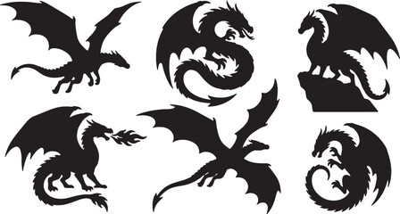 Set of Black Silhouette Dragon Illustrations with Wings and Fire Breath white on transparent background