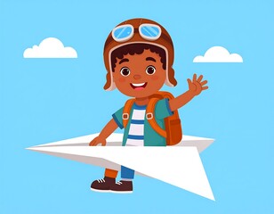 Cheerful boy wearing pilot gear rides a paper airplane against a bright sky with fluffy clouds