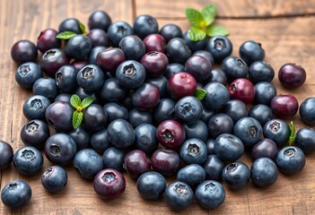 Whimsical blueberry clusters, plump & juicy, scattered artfully on a rustic wooden surface,  purple,  healthy