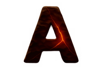 Fiery letter a with glowing cracks and molten texture representing heat and energy isolated on transparent background