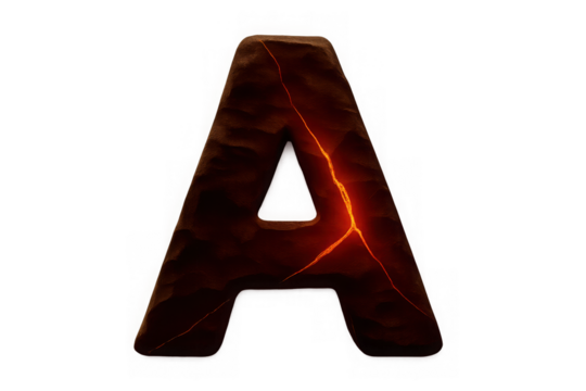 Fiery letter a with glowing cracks and molten texture representing heat and energy isolated on transparent background