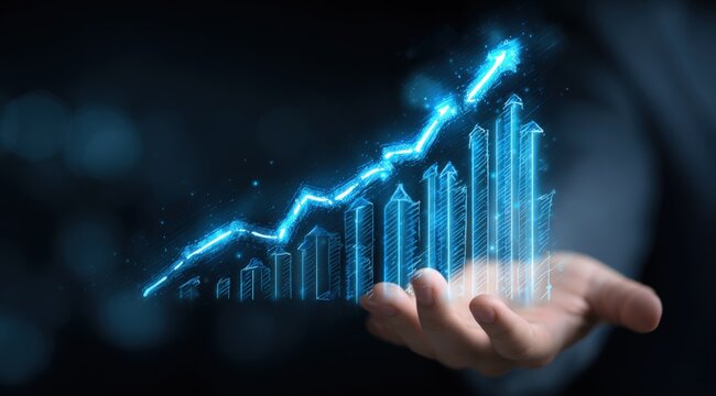 Hand presenting a glowing blue digital bar graph and line chart showing upward growth - Powered by Adobe