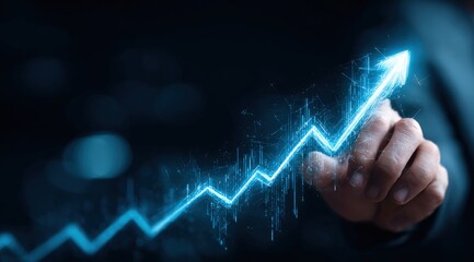 A hand touches a bright blue upward trending graph on a dark background
