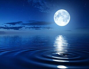 A radiant full celestial body hangs above tranquil water under a starlit night sky