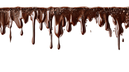 Melted dark chocolate syrup dripping and flowing from sweet dessert ice cream with a brown liquid candy splash illustration