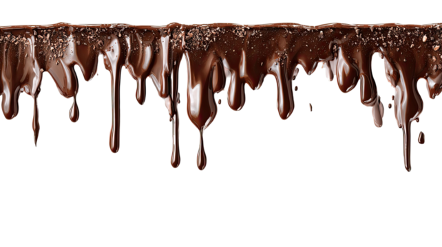 Melted dark chocolate syrup dripping and flowing from sweet dessert ice cream with a brown liquid candy splash illustration