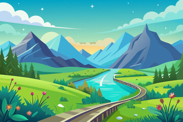 Stylized cartoon landscape with winding train tracks crossing a turquoise river and blue mountains nature