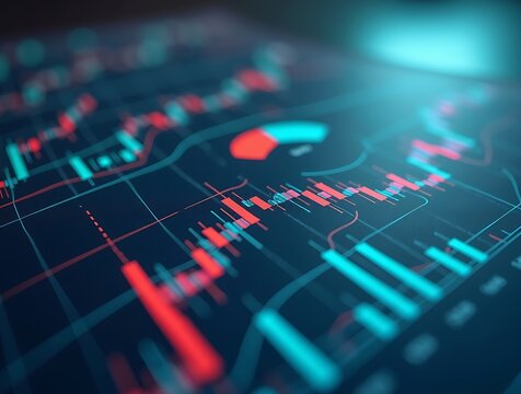 Abstract financial trading chart with glowing candlestick and line graphs on a digital screen.