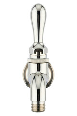 Chrome metal liquid dispenser tap valve with vertical handle isolated on a transparent background