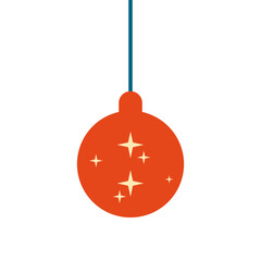 Obraz premium Minimalist festive bauble illustration featuring bold red circular ornament decorated with glowing star accents and simple blue hanging line