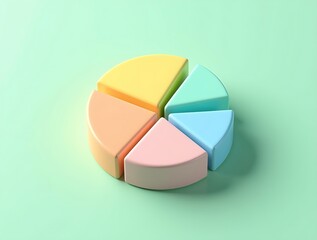 A minimalist 3D pie chart with five separate pastel-colored slices on a light green background, representing data and statistics.
