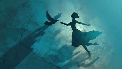 A woman in silhouette, floating, interacting with a bird in mid-flight against a textured surface
