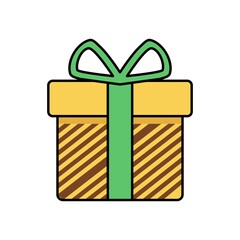 Colorful present box illustration featuring bold diagonal stripes, vibrant green bow, and simple modern holiday vector design