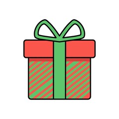 Colorful present box featuring bold red lid, green bow, and modern striped texture in simple celebratory vector design
