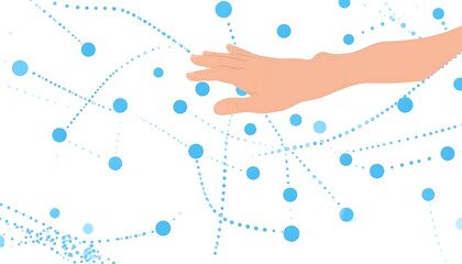 A flat-colored arm extends toward a network of floating blue dots and connecting dashed lines against a white backdrop