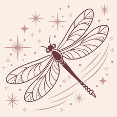 Elegant dragonfly with sparkling stars in a whimsical and magical illustration